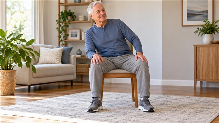 Gentle senior tai chi chair exercises practice in a safe, uncluttered setting